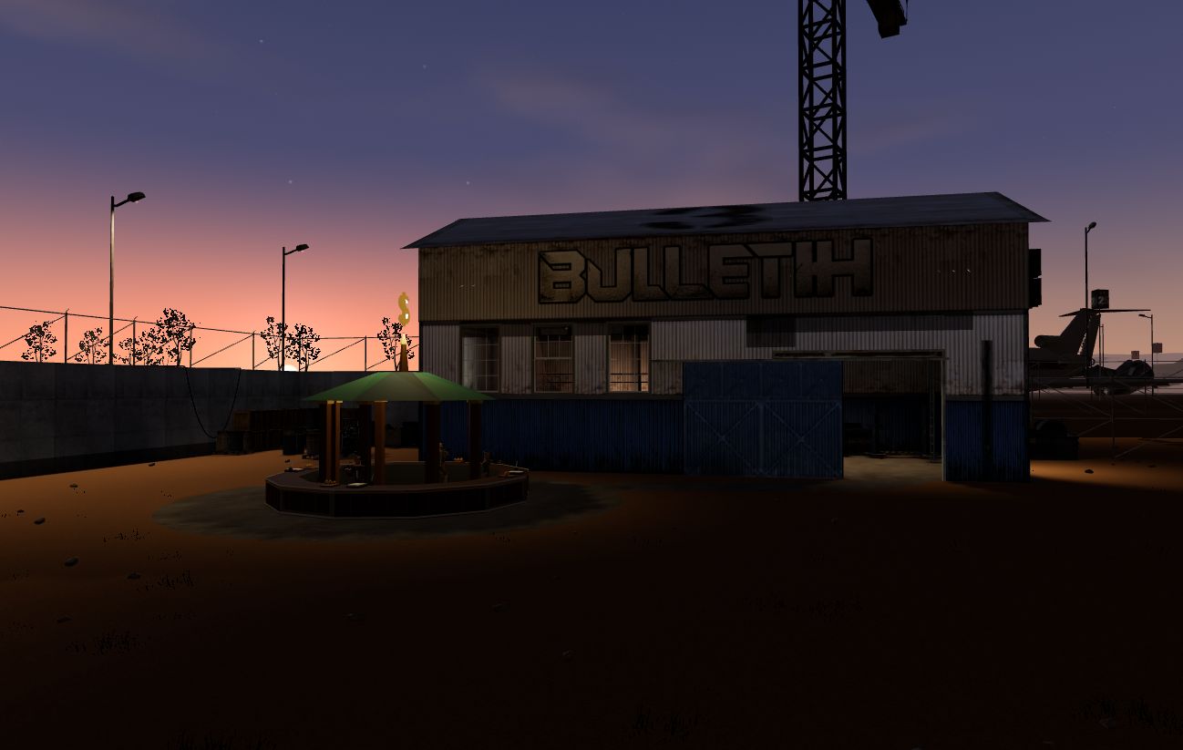 The custom Lobbyard Grand Exchange and BullETH warehouse at dawn
