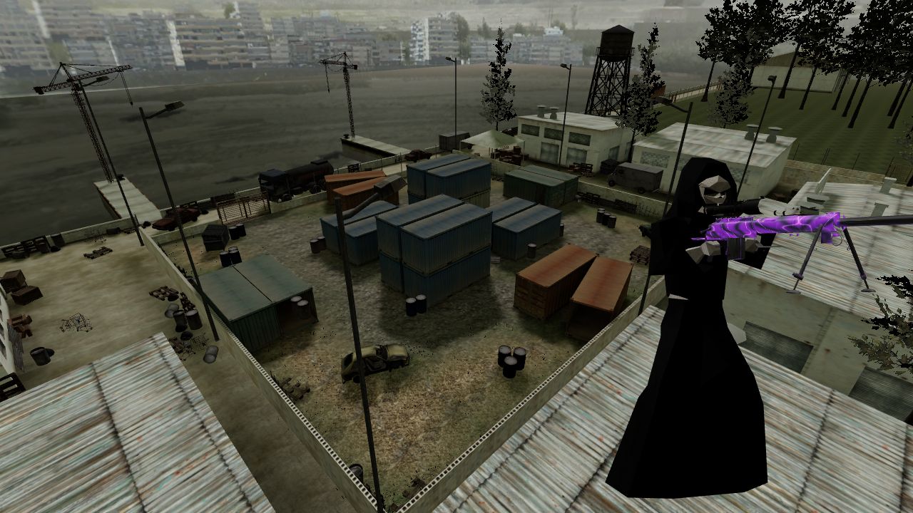 Death carrying a purple Dark Matter rifle in Containers